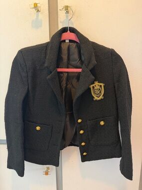 Black Tweed Crest-Embroidered Women's Blazer Jacket
